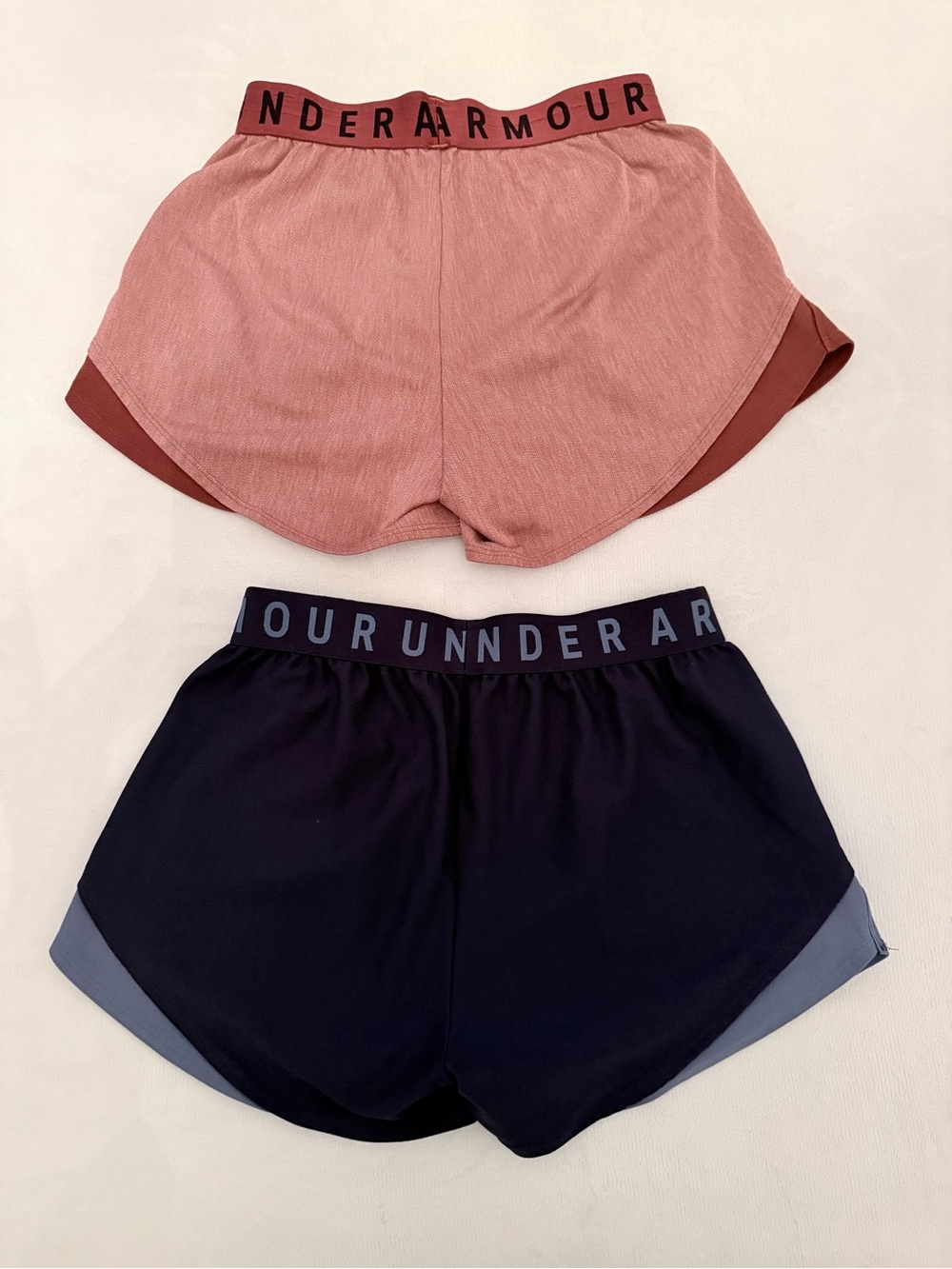 Under Armour Navy and Coral Performance Shorts Pair with pockets